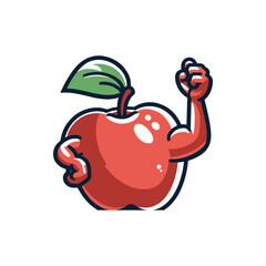 Cartoon apple with muscular arm flexing, symbolizing strength and health, on a plain background