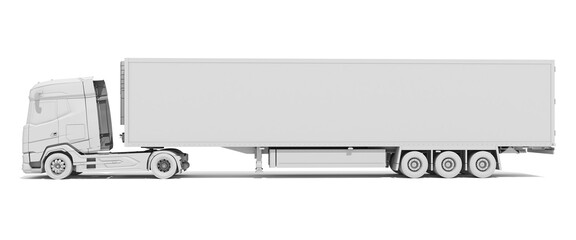 Truck with Reefer Refrigerator Trailer in Clay Style Render on White Background 3D Rendering