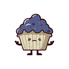 Cartoon cupcake character with a sad expression, standing on a plain background, conveying emotions