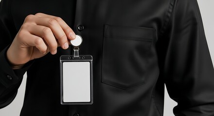 Close-up of a person in a black shirt holding a blank identification card, ready for personalization or display in a corporate or event setting