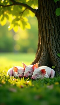 Three piglets snoozing peacefully beneath a leafy tree in warm sunlight , ground, wildlife, nature