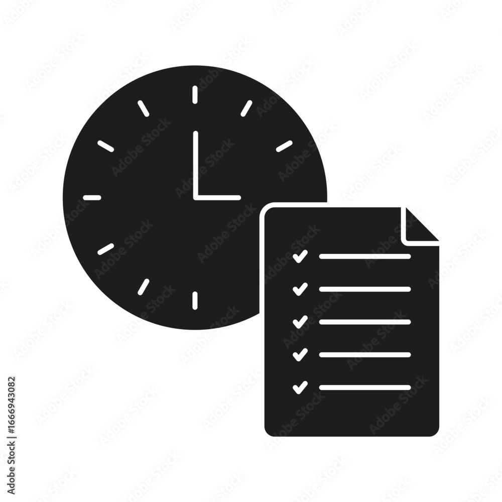 Poster clock with checklist solid icon. time management, task scheduling, and productivity planning silhoue