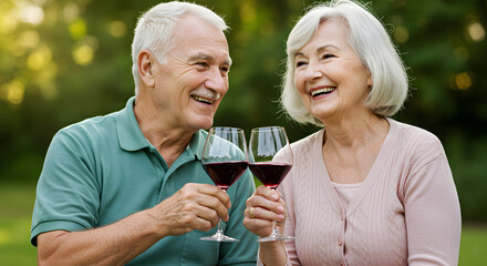 Happy senior couple enjoying red wine together in a park celebrating retirement lifestyle freedom happiness togetherness