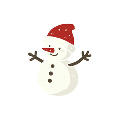 Cheerful snowman wearing a red hat and smiling, set against a plain white background