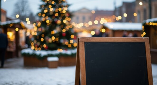 empty chalkboard in festive christmas market with bokeh lights and snow creating merry atmosphere - Powered by Adobe