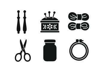 vector solid black filled icons lacemaker (vintage tools): bone bobbins carved pin box thread skeins antique scissors glass jar wooden hoop.