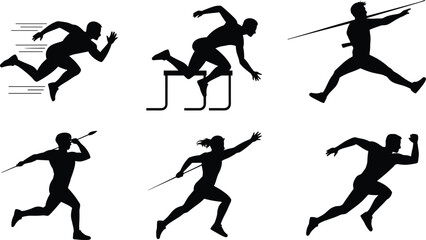 Silhouettes of athletes running, hurdling, and throwing javelins in dynamic track and field sports action poses, male and female