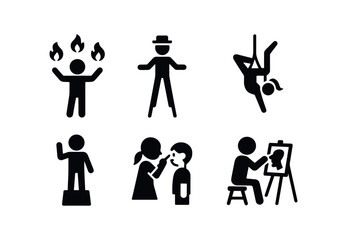 vector solid black filled icons local fair (performers): fire juggler stilt walker acrobat aerialist living statue face painter caricature artist.