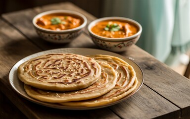 Delicious indian butter chicken with flaky paratha bread