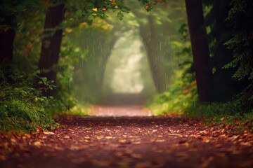 Fototapeta premium Serene Path Through Misty Forest with Gentle Rainfall and Vibrant Autumn Foliage