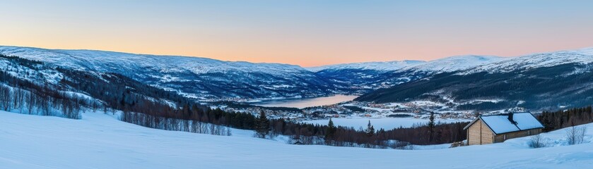 Obraz premium Serene Winter Landscape with Snow-Covered Mountains and Calm Lake at Sunset