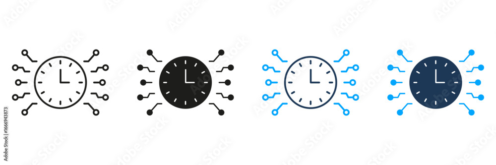 Poster clock with circuit lines line and solid icon set. time management and digital connectivity symbol co
