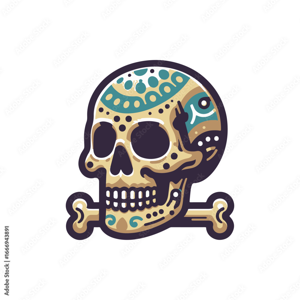 Poster colorful decorative skull with intricate patterns and crossbones, set against a plain background