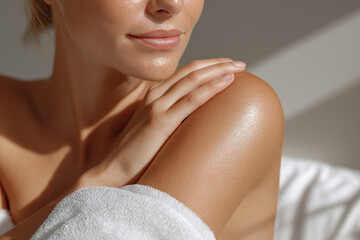 Soft smooth skin on shoulder with gentle hand touch and natural light highlighting healthy glowing complexion and relaxed mood in close up beauty portrait