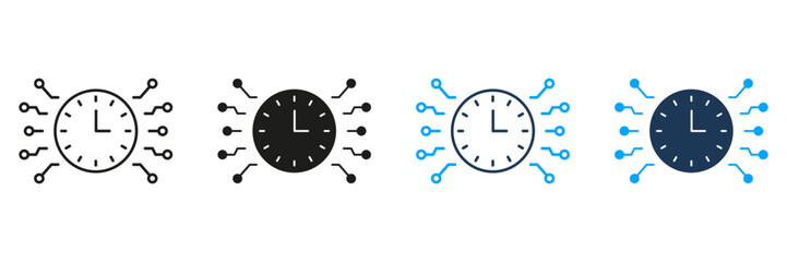 Clock With Circuit Lines Line And Solid Icon Set. Time Management And Digital Connectivity Symbol Collection. Technology And Efficiency Representation. Isolated Vector Illustration