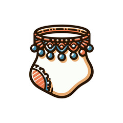 Colorful decorative sock with intricate patterns and beads, set against a plain background