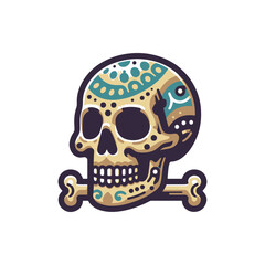 Colorful decorative skull with intricate patterns and crossbones, set against a plain background