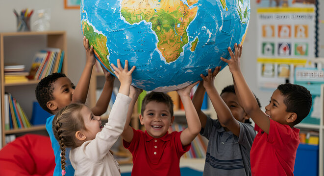 Global Collaboration Diverse Kids Lifting World Globe Teamwork Education Classroom Learning Togetherness International Unity Childhood Friendship World Map Geography