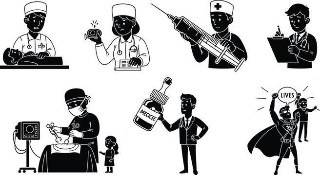 Silhouettes of medical professionals performing healthcare tasks, surgery, vaccination, medication, and life-saving actions in hospital and clinic settings