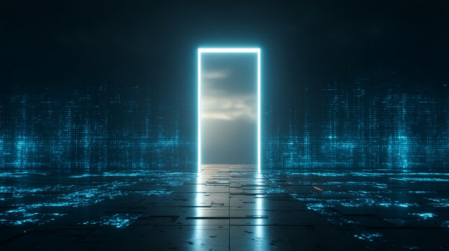 A futuristic glowing portal with a path leading to a bright sky in a dark abstract world