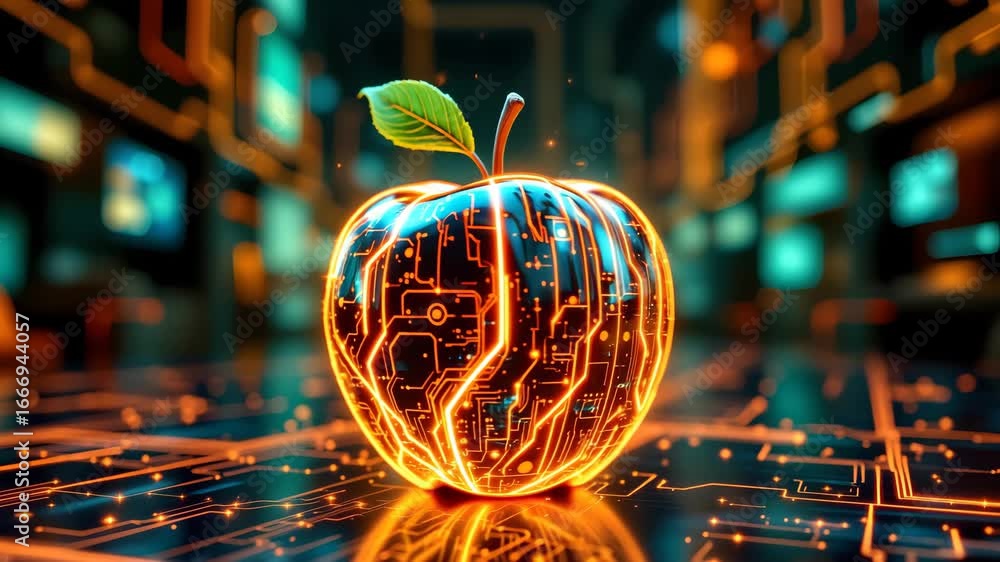 Poster digital apple: a striking visual of a glowing apple, intricately embedded with circuits, symbolizing