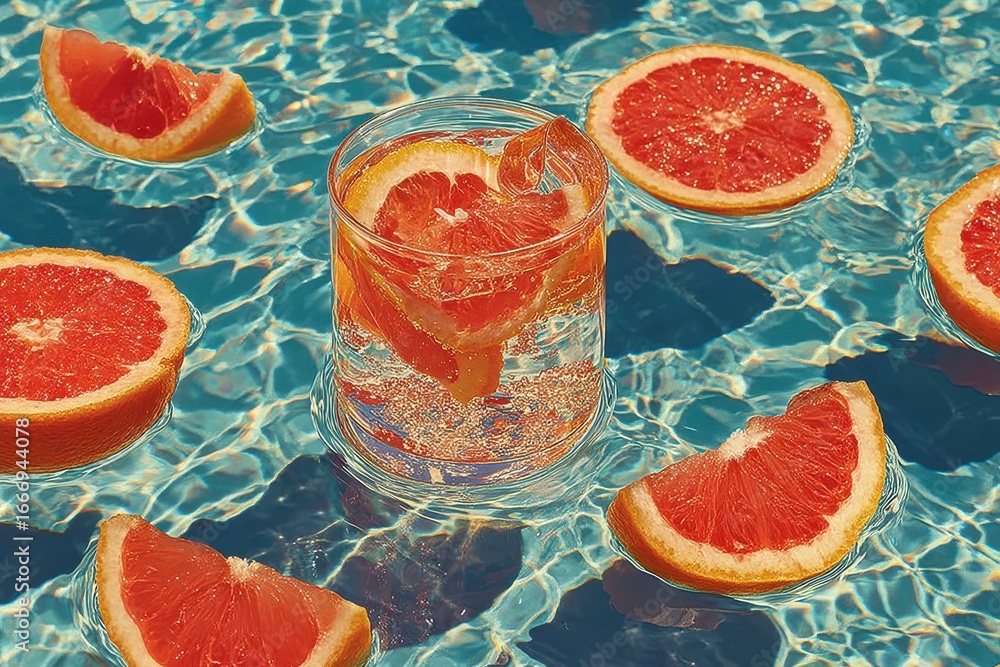 Poster Refreshing water with grapefruit slices floating in a pool under sunlight