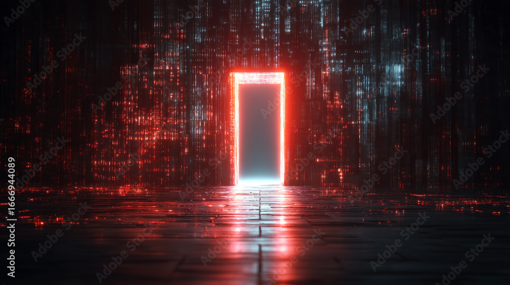 Poster glowing portal in a dark futuristic setting with red and white light illuminating the scene and the 
