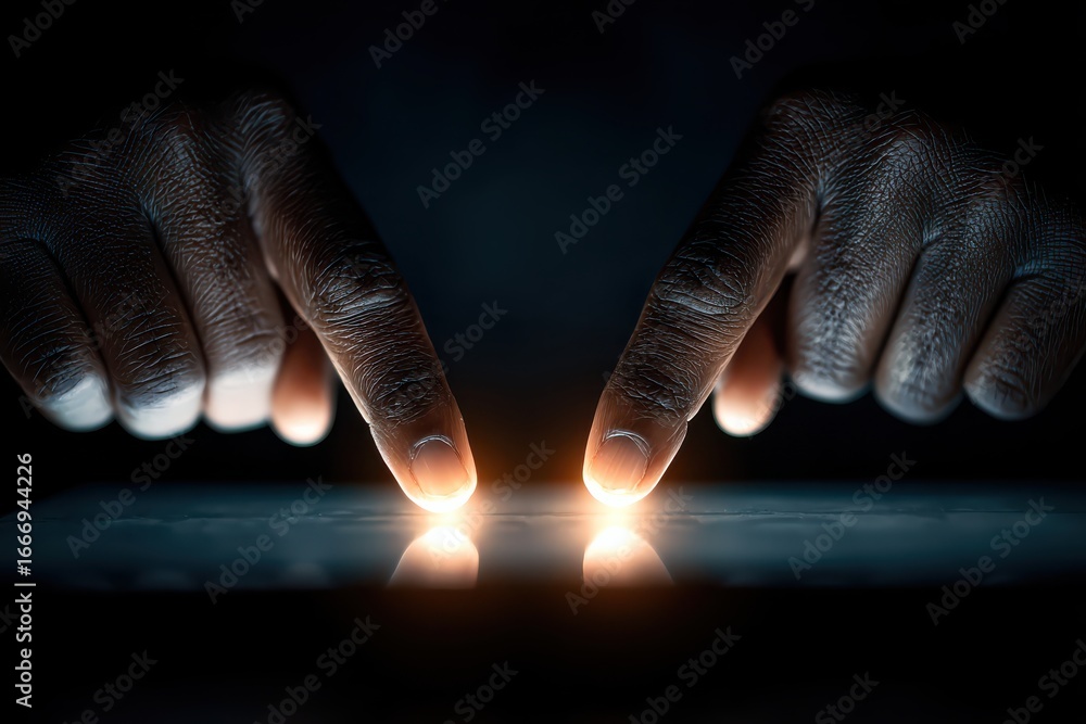 Poster close-up of index fingers touching a tablet screen in dim light with glowing reflections