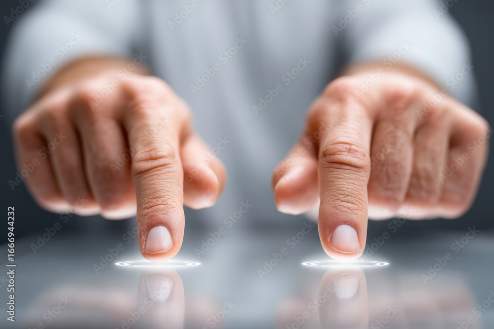 Poster close-up of index fingers touching tablet screen in modern digital interaction