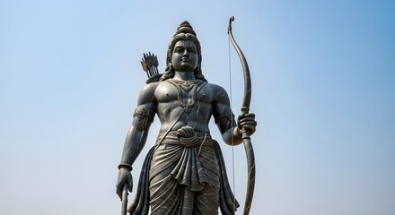 Majestic Stone Statue of Lord Ram Holding Bow and Arrow, Hindu Deity Sculpture under Blue Sky