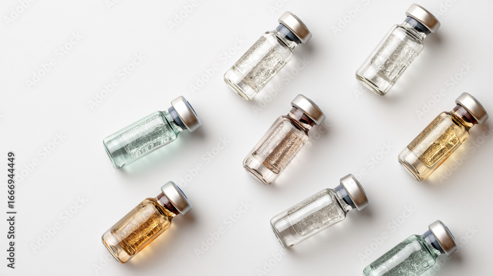Poster a top down view of several glass vials with metal caps on a white surface in a diagonal pattern