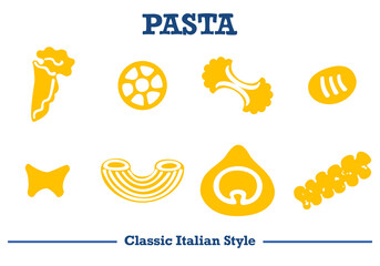 Collection of classic Italian pasta shapes in yellow silhouette style. Simple and cute. Perfect for food packaging, menu design, food graphics, and Italian food projects. Vector illustration.