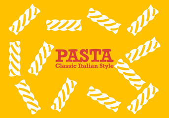 Seamless Italian pasta pattern on a yellow background. Flat design style. Simple and cute. Suitable for food packaging, menu design, restaurant branding, and food projects. Vector illustration.