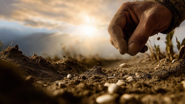 A man sows seeds along a freshly tilled field at dawn, some landing on rich soil, others on stones, golden light casting hope on the timeless parable of faith and growth.