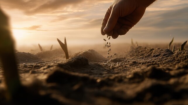 A man sows seeds along a freshly tilled field at dawn, some landing on rich soil, others on stones, golden light casting hope on the timeless parable of faith and growth.