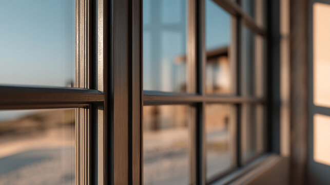 View of a building and landscape through a multi pane window with a dark frame on a sunny day outside