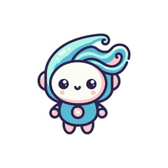 Cute animated character with blue hair and a joyful expression, set against a simple background
