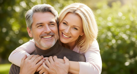 Happy mature couple embracing outdoors enjoying life together healthy relationship love romance mature adults positive emotion summer park nature