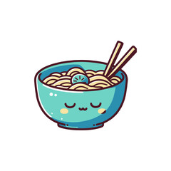 Cute cartoon bowl of noodles with chopsticks, featuring a happy face and lime slice, isolated