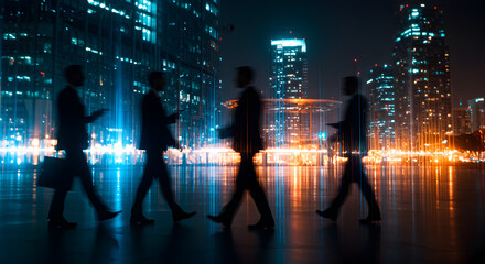 Ambitious Businessmen Walking Night Cityscape Modern Urban Professionals Success Teamwork Collaboration