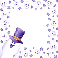 Cute watercolor ghost in a purple witch hat with smiling face, surrounded by purple stars and skulls forming a festive Halloween frame. Ideal for invitations, cards, or party decor