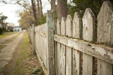 Naklejka premium Weathered wooden picket fence along a rural dirt road in autumn