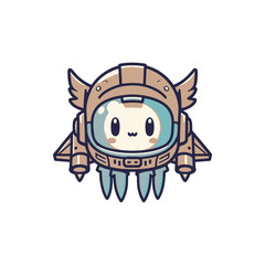 Cute cartoon character in a retro space suit with wings, flying through a colorful cosmic background