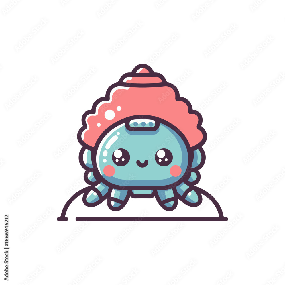 Poster cute cartoon character resembling a jellyfish with a shell-like cap, smiling and playful