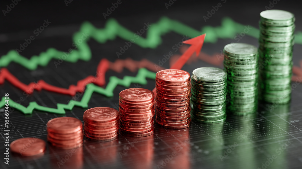 Poster Stacks of coins showing growth with an upward arrow and stock market graph in the background