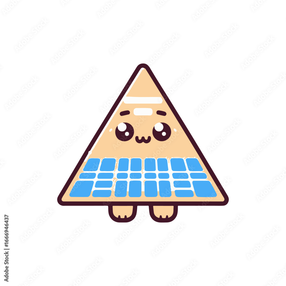 Poster cute cartoon character shaped like a triangle with a smiling face and blue grid pattern