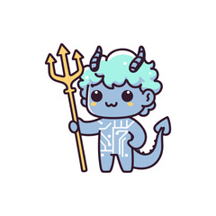 Cute cartoon character with blue skin and horns holding a trident, set against a simple background