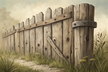 Fototapeta premium Rustic wooden palisade fence with weathered planks and sturdy posts in a grassy field