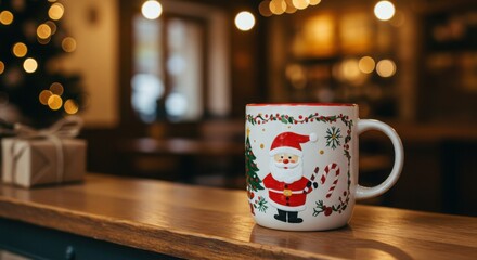 festive ceramic santa mug on wooden counter in cozy cafe decorated for christmas with warm lights