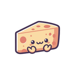 Cute cartoon cheese character with smiling face and tiny hands, set against a white background